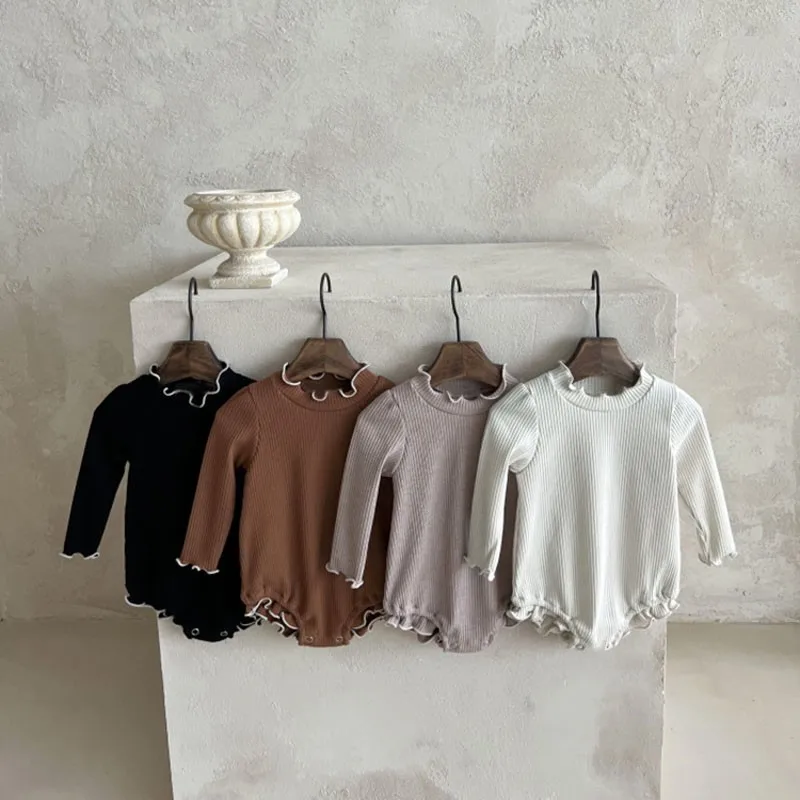 

Однотонное простое боди для новорожденных девочек; Модный комбинезон с длинными рукавами и грибковым воротником; Эластичные хлопковые Бод...