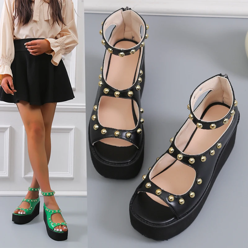 

Large size fish mouth sandals women's 2022 spring and summer new Korean version rivets thick bottom wedge sandals women's light