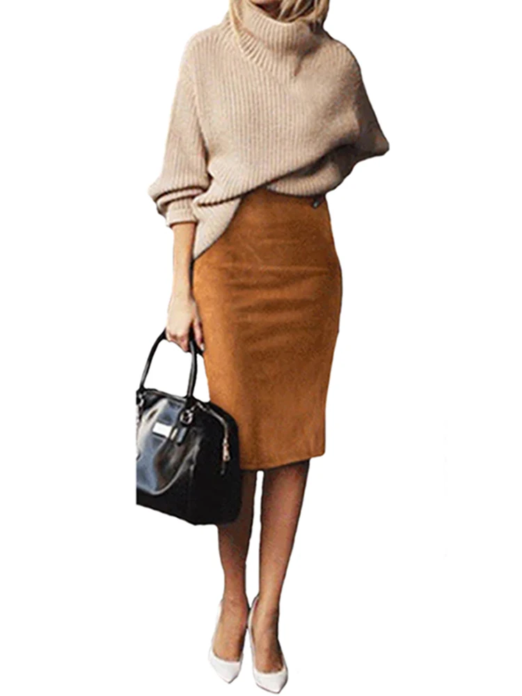

Sexy Multi Color Suede Midi Pencil Skirt Women 2021 Fashion Elastic High Waist Office Lady