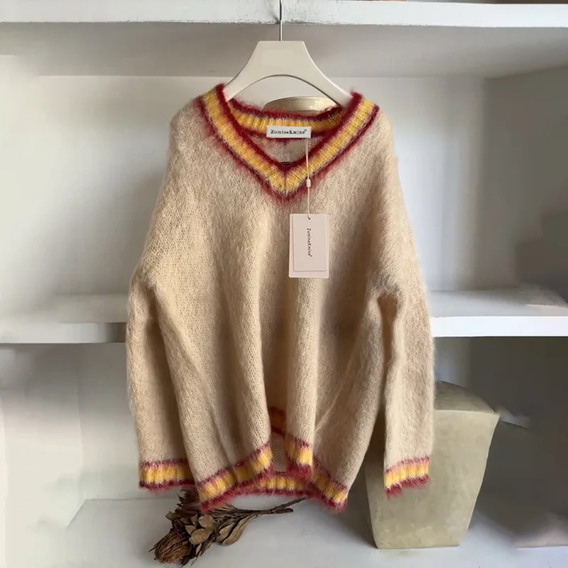 

Новинка Осень-зима 2023 просторный мохеровый свитер средней длины с V-образным вырезом свитер для женщин верхняя одежда