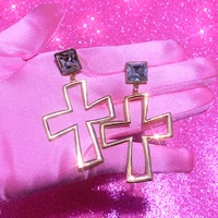 y2k accessories metal cross stud earrings punk aesthetic korean fashion shiny crystal earrings for women egirl jewelry gothic