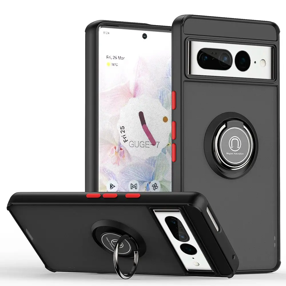 

For Google Pixel 7 Pro 7pro Case Soft Silicone Frame Hard Acrylic Translucent Blade Anti-fall Metal Ring Holder Phone Back Cover