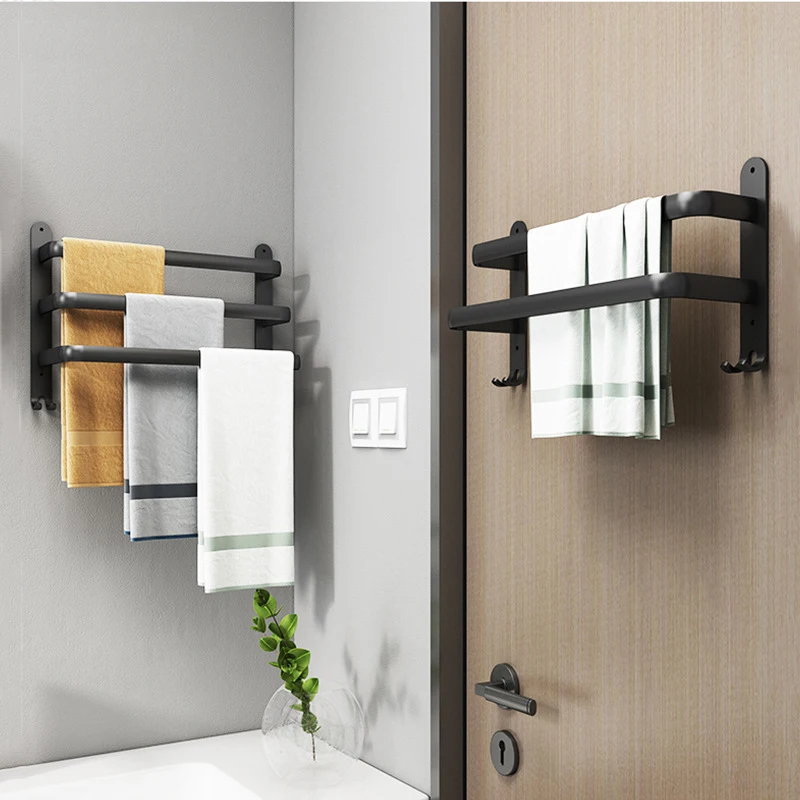 

Bathroom Towel Rack 30-50CM Matte Black Towel Holder Wall Mounted Shelf Aluminum Multilayer Layer Wiht Hook Towel Bar TKLJ014