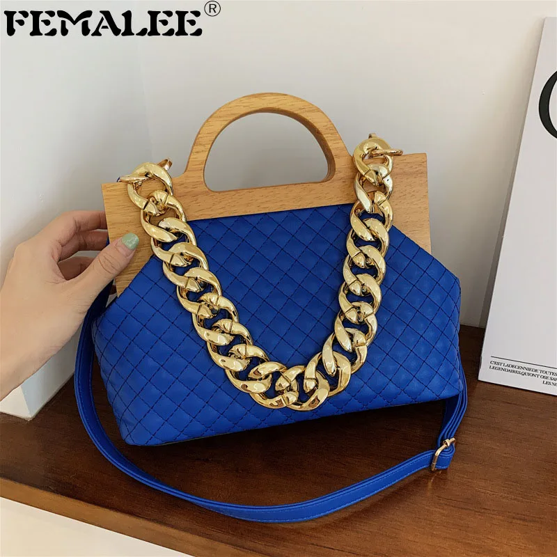 

Роскошная Сетчатая Сумка из искусственной кожи с деревянным зажимом для женщин 2022, плотная женская сумка на плечо с цепочкой, модные сумки ч...