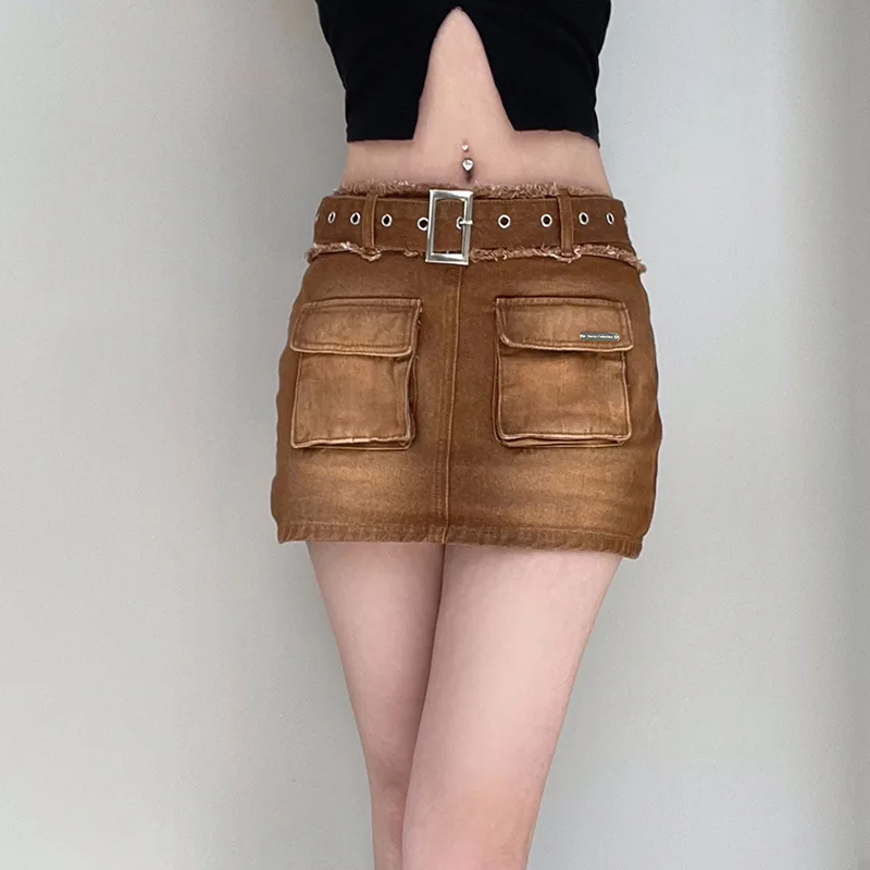 

Street Photo Brown Vintage Japanese Buckle Metal Belt Denim Skirt Cargo Wear Three-dimensional Pocket A-line Skirt