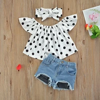 2022 girls new childrens clothing print jumper summer white polka dot top color blocking denim shorts three piece set