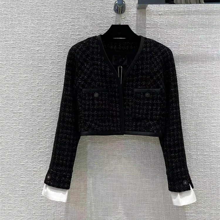 

Новая женская одежда в европейском и американском стиле для зимы 2022 модная твидовая куртка в клетку с длинным рукавом и V-образным вырезом к...