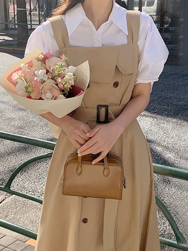 Повседневное модное женское платье на подтяжках в стиле сафари двубортное с