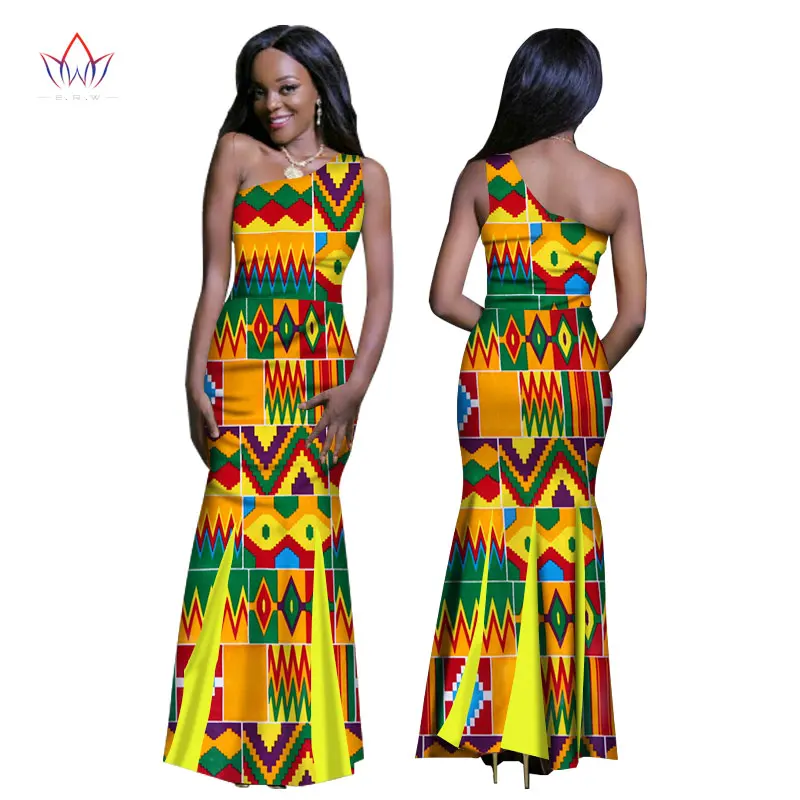 

BintaRealWax African Dresses Bazin Riche One-Shoulder Africa Wax Print Dresses Plus Size Long Party Dress for Women WY1276
