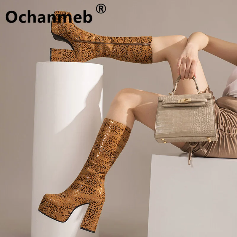 

Женские сапоги до колена oshanmeb, с леопардовым принтом, на толстом каблуке, на платформе, на молнии, для готического клуба, большие размеры 49, 50