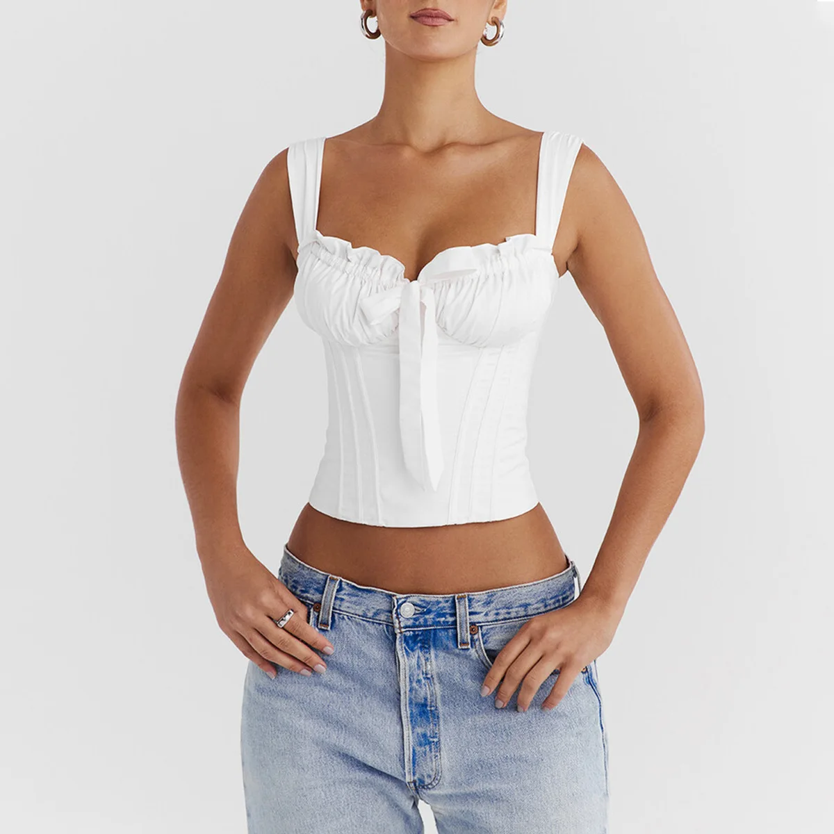 Sladuo сексуальный плотный атласный корсет-бюстье укороченный топ с бантом