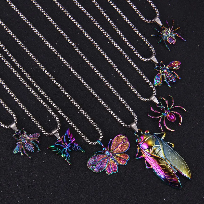 

New European and American Popular Butterfly Spider Color Stainless Steel Necklace Niche Trendy Bee Animal Men and Women Pendant
