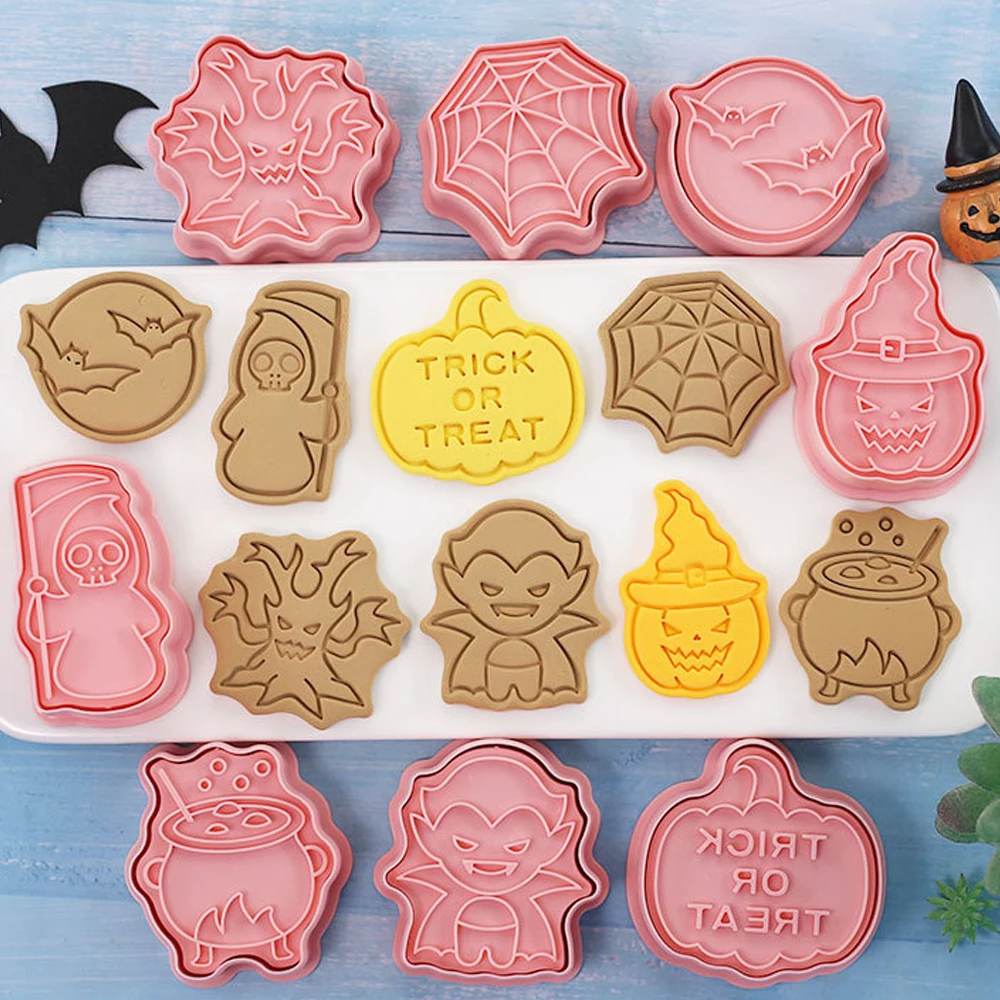 8Pcs/Set Halloween Cookie Cutter Pumpkin Vampire Ghost Monster Spider Web Pressable Stamp Mold Embossing Party Decoration Tool