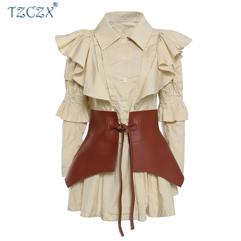 

TO1368 Women's Blouse Modern Palace Sense of Pleated Long-sleeved Shirt + Pu Waist Seal Two-piece Blouse DressTops Clothes