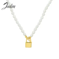 joolim jewelry pvd gold finish tarnish free natural freshwater pearl ot buckle lock pendnat necklace stainless steel wholesale