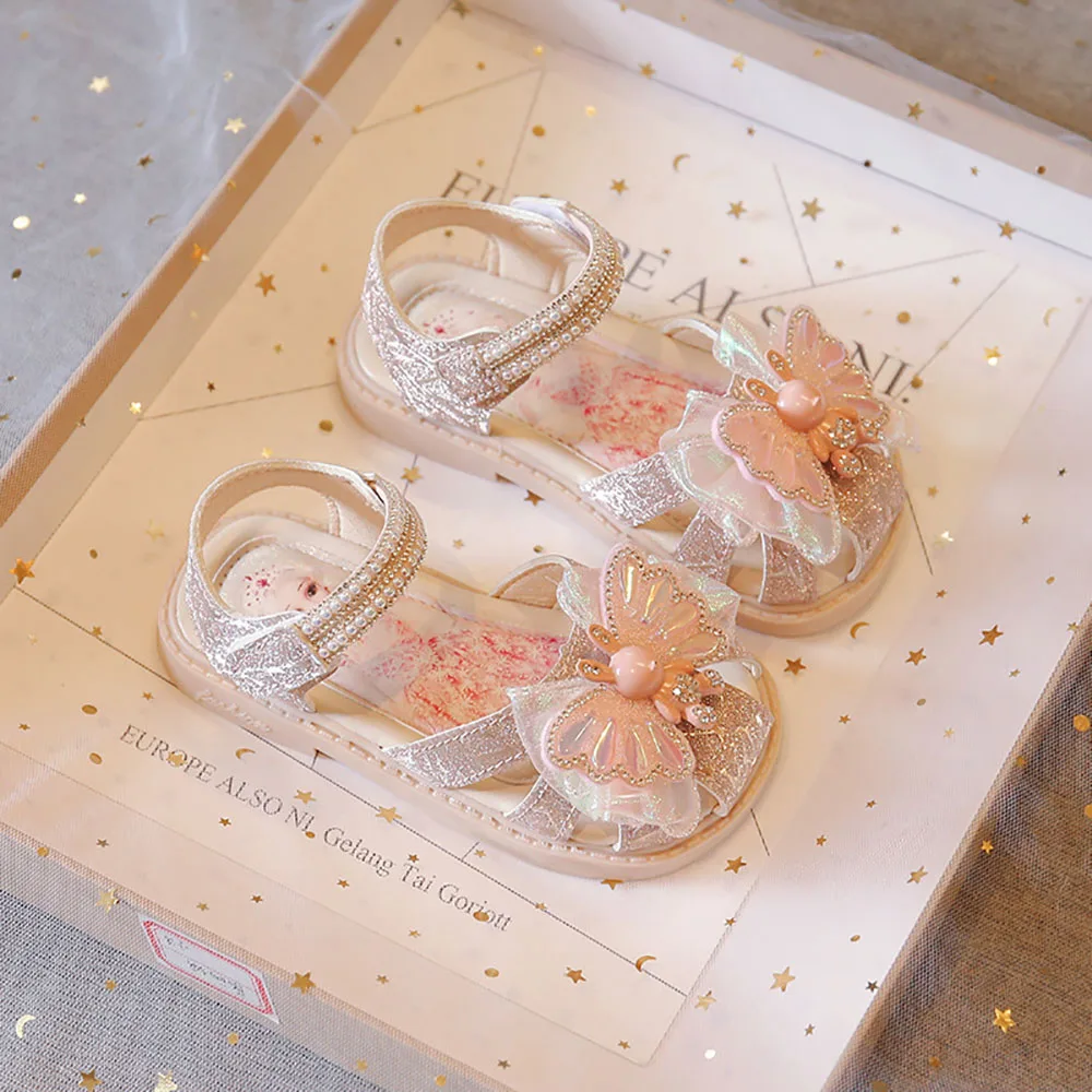 

Summer Princess Sandals For Girls Korean Style Rhinestone Pearl Butterfly Party Footwear Birthday Wedding Summer Shoes
