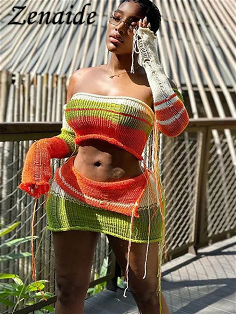 

Zenaide Summer Autumn Colorful Print Knit 2 Piece Set Women Long Sleeve Patchwork Tassel Top+High Waist Skirt Party Club Outfits