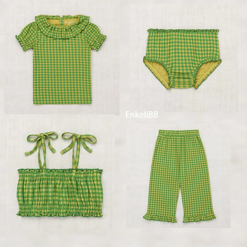 

EnkeliBB, супер хорошее качество, детская брендовая футболка для девочек на лето, зеленая клетчатая модная брендовая одежда для маленьких девочек, топы MP Misha