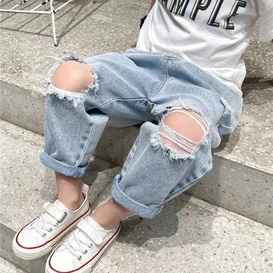 Summer Children's Ripped Jeans Thin Pants for Boy 2023 New Fashion Boys and Girls Baby Loose Jeans Pants Kids Trousers