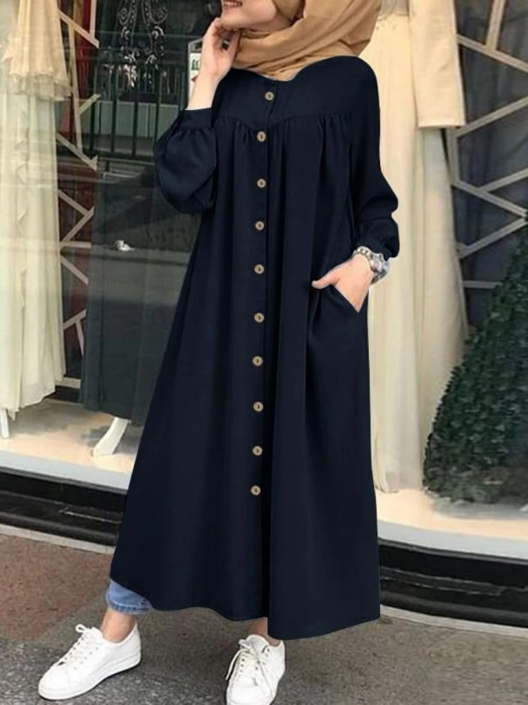 S-5XL Muslim Dress Women Hijab Shirt Dress Long Sleeve Maxi Vestidos Female Button Robe Femme Musulman High Wasit Solid Sundress
