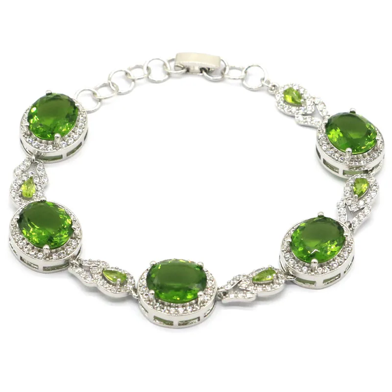 

32x14mm Anniversary 18.5g Green Peridot Smokey Topaz White CZ Women Daily Wear Silver Bracelet 6.5-7.5inch