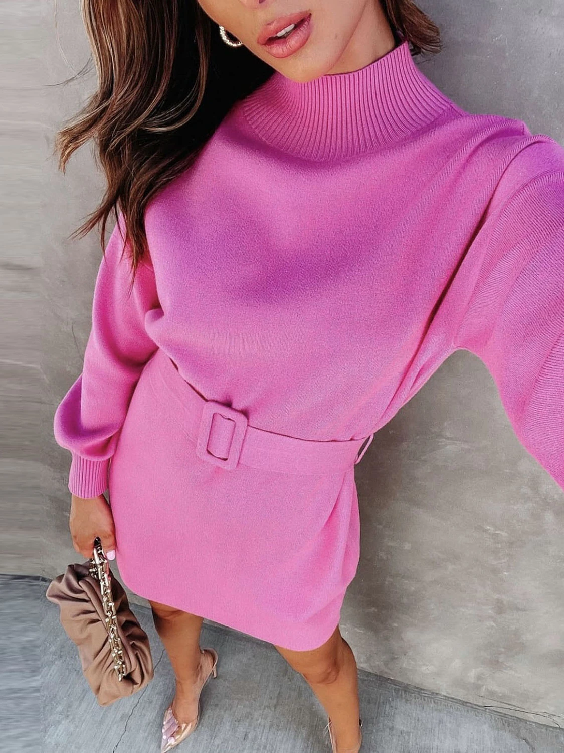

2022 Autumn Winter Casual Women's Half High Collar Long Sleeve Sweater Dress with Belt Office Lady Knit Short Dresses Streetwear
