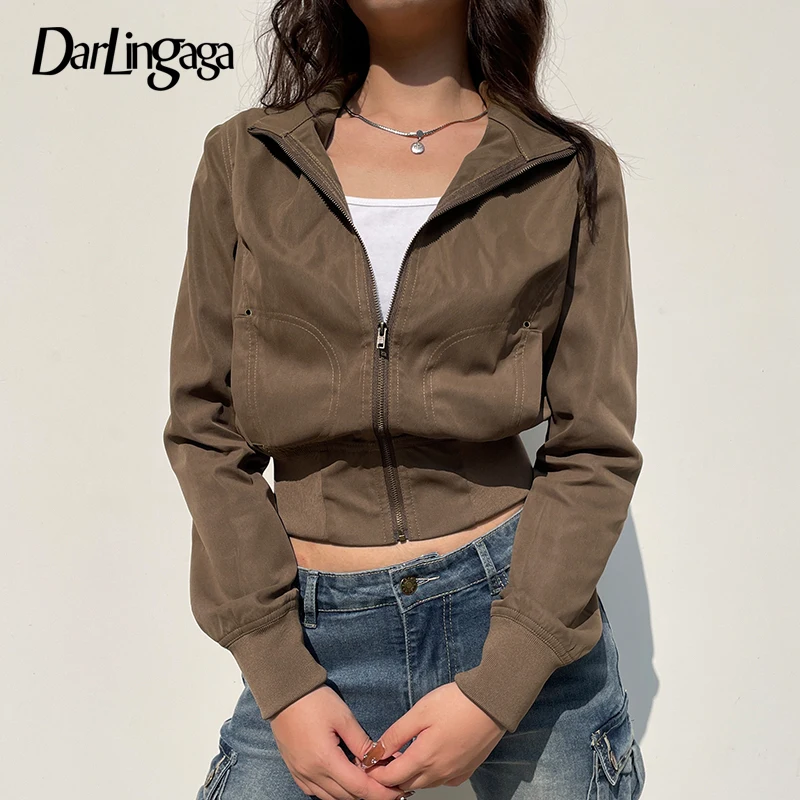 

Darlingaga Harajuku Brown Y2K High Waist Bomber Jacket Autumn Winter Casual Tech Zip Up Coat Cropped Stand Collar Outwear Trench