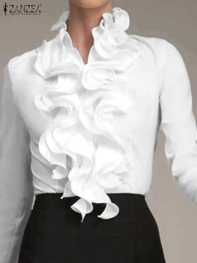 

2023 элегантная женская блузка ZANZEA с оборками, Весенняя офисная рубашка с длинным рукавом, блузки на пуговицах, модные однотонные рабочие топы, женская рубашка