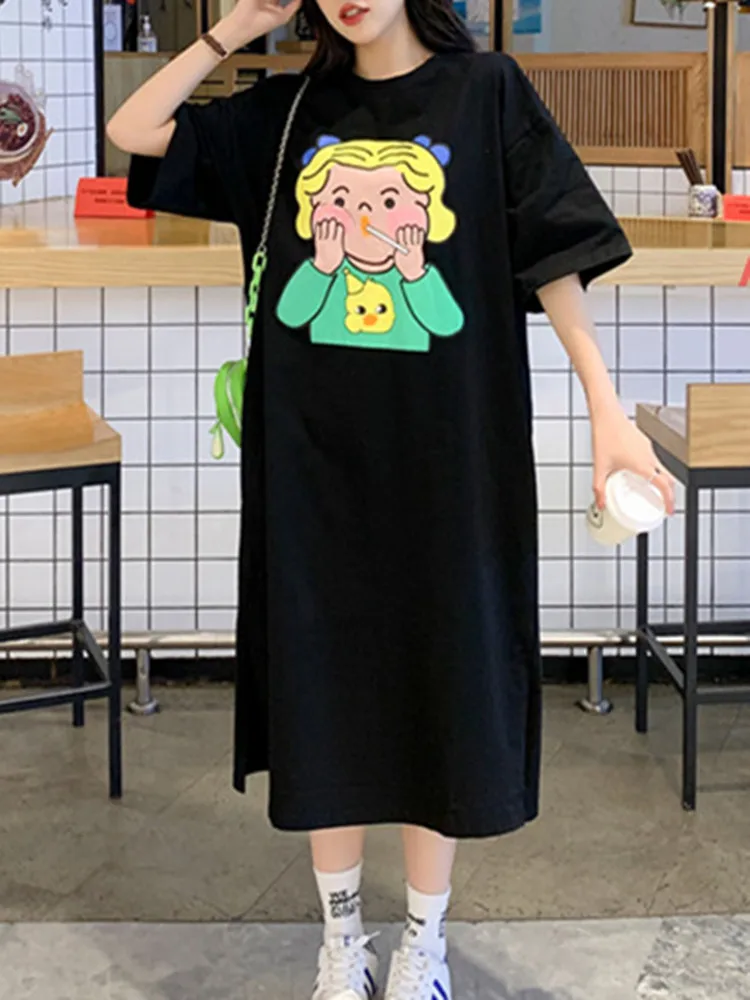 

Summer 2022 New Short Sleeved T-Shirt Vestidos Women's Clothing Thin Loose Round Neck Cotton Cartoon Character Printed Dress