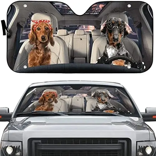 Dachshund Dog Couple with Tie Glasses Drive Through City Car Sunshade, Funny Dachshund Couple Driving Auto Sun Shade, Funny Wind