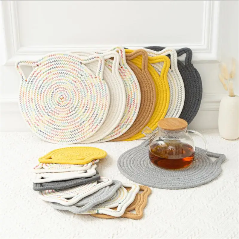 

Household Dining Mat Hangable Dining Table Pad Creative Japanese-style Cup Mat Pot Mat Cotton Woven Cat Ears Plate Pad Cute