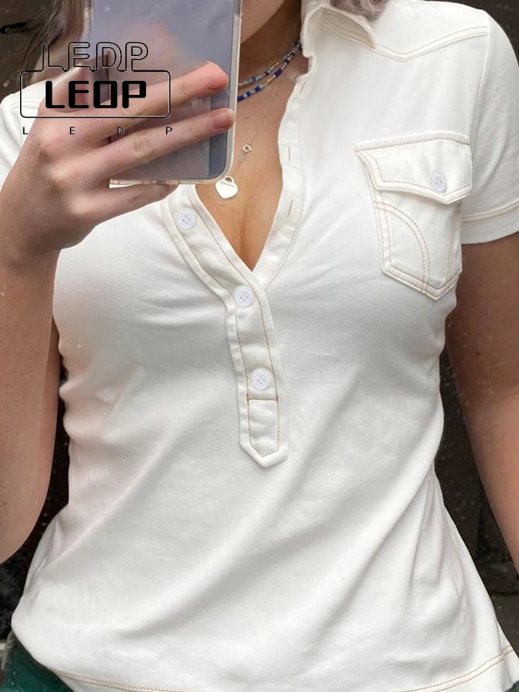 LEDP Breasted Pocket Stitching Lapel Short Sleeve T-Shirt Women Slim Fit T-Shirt Retro Cropped Pullover Hot Girl Casual Top Y2K