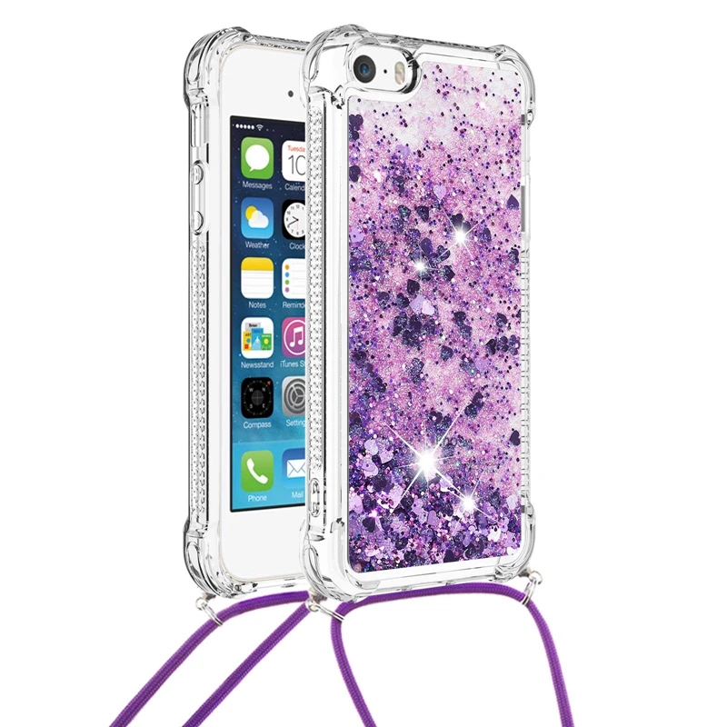 

Quicksand Phone Case For iPhone 5 5S SE Shockproof Clear TPU Liquid Glitter Lanyard Cover For iPhone SE 2022 6 7 8 Plus
