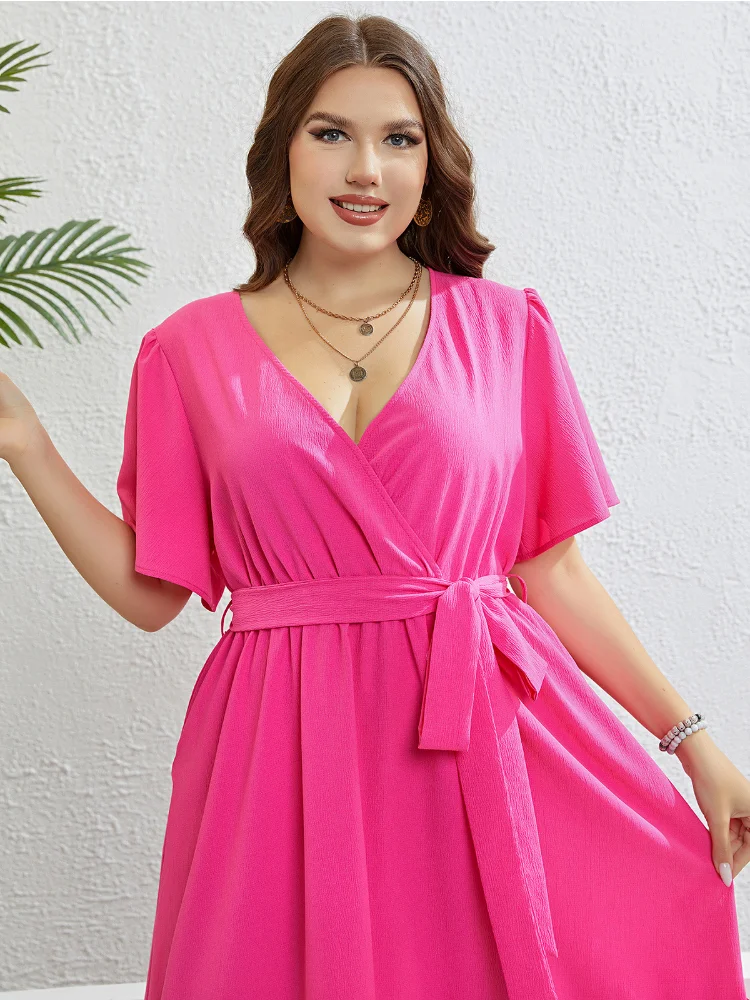 Summer rose red V-neck semi-cardigan plus size party dress elegant dresses for women