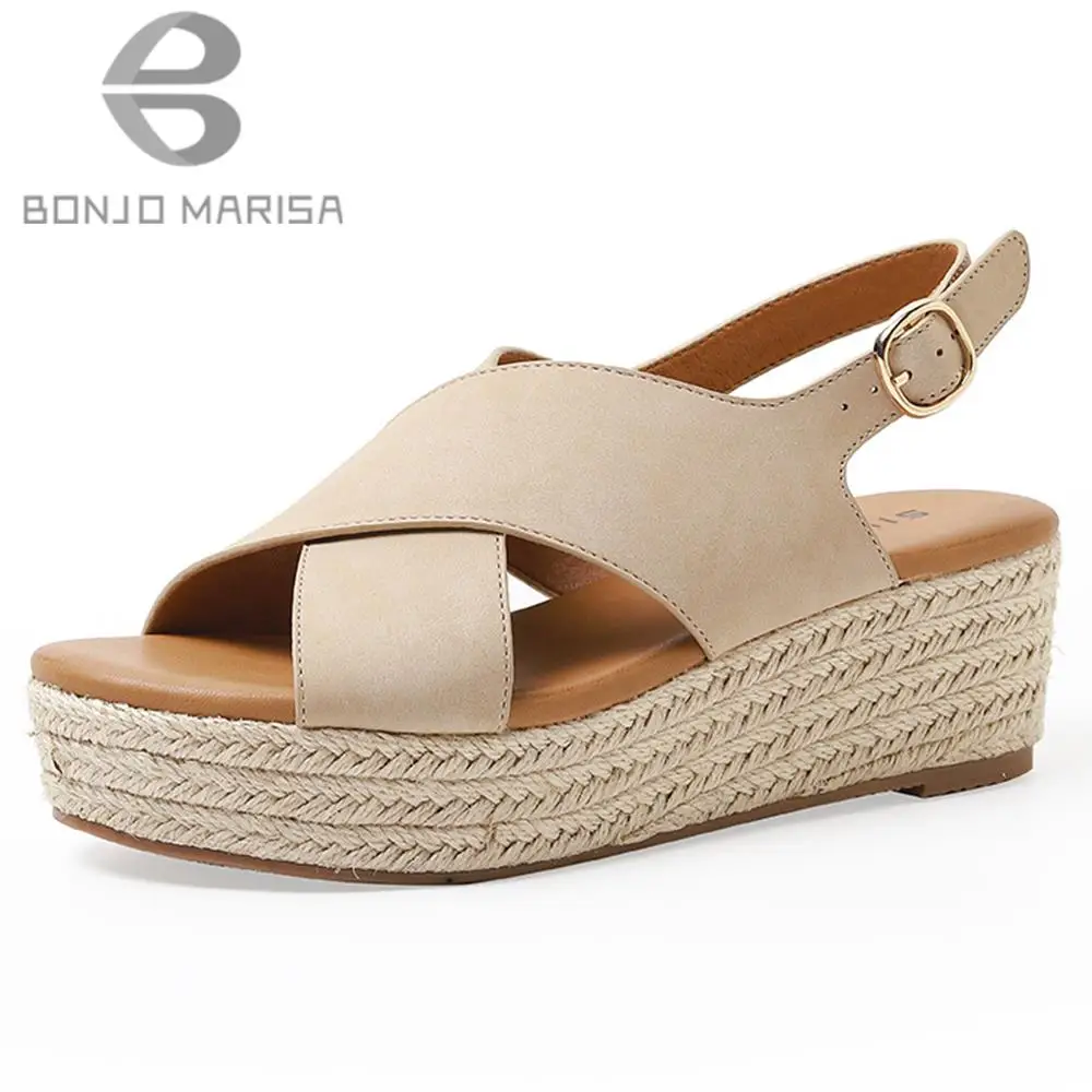 

BONJOMARISA Peep Toe Platform Espadrille Wedge Sandals For Women Ankle Strappy Summer Shoes Casual Sloping High Heels