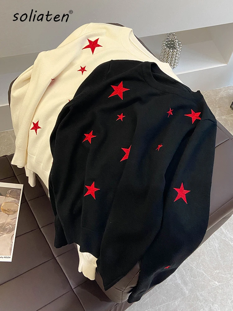 

Женские вязаные свитера с пятиконечной звездой и вышивкой Harajuku Повседневный пуловер Джемперы уличная одежда осень Y2K C-235