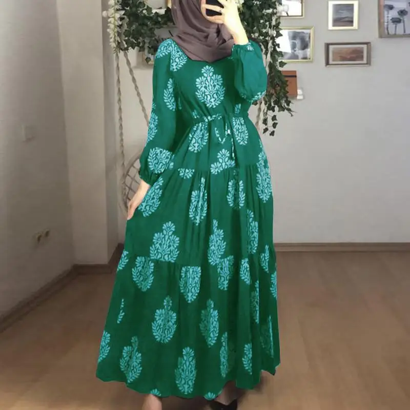Casual Loose Holiday Elegant Long Robe Oversized Spring Women Printing Muslim Dress Full Sleeved Abaya Kaftan Sundress
