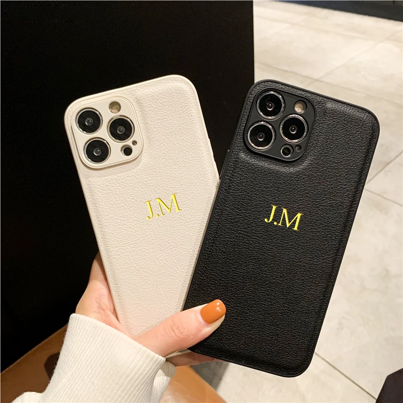 

For iphone 14 Pro Max Case For iphone 14 14Pro Max Cover Personalised Customized Initials Name Leather Case For iphone 14 ProMax