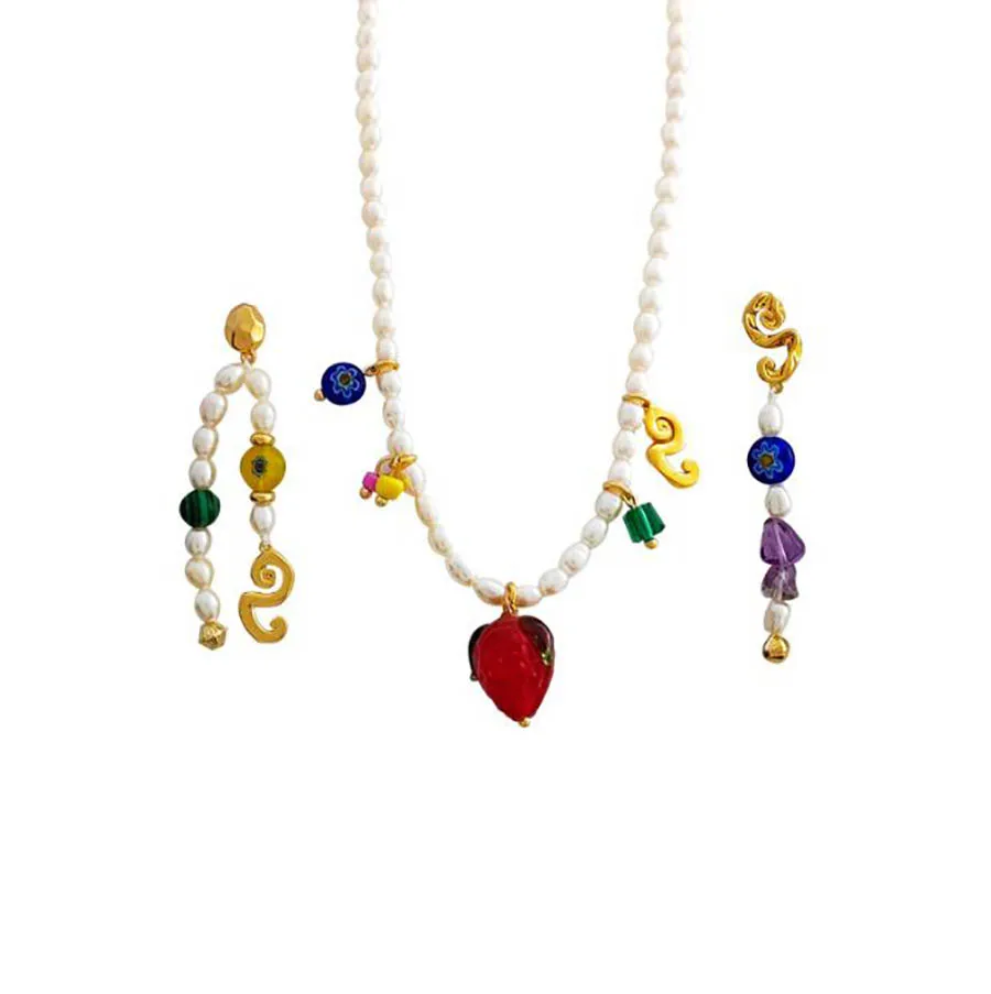 

Retro elegant pearl necklace colorful glass earrings ins asymmetric sweet girls summer lovely jewelry set