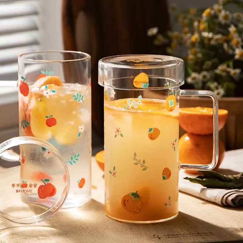 

Glass Mug With Hand Grip Cute Brief Style Breakfast Salad Cups Large Capacity 500ML Fruit Printed Mugs Cold Drink Cup
