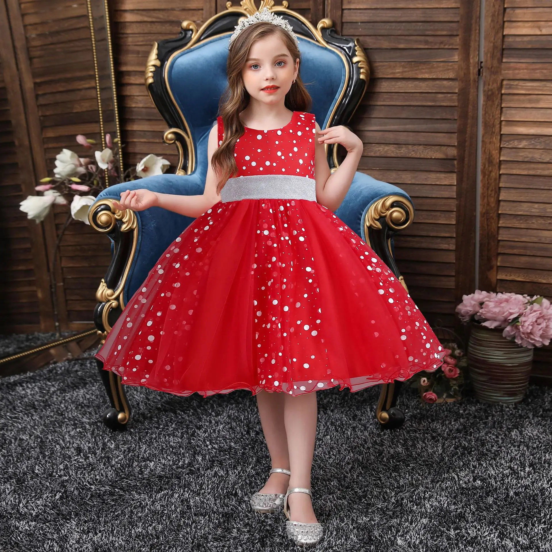 

2022 summer simple cute fresh sleeveless bow print mesh puffy princess dress skirt toddler girl clothes christmas dress girl