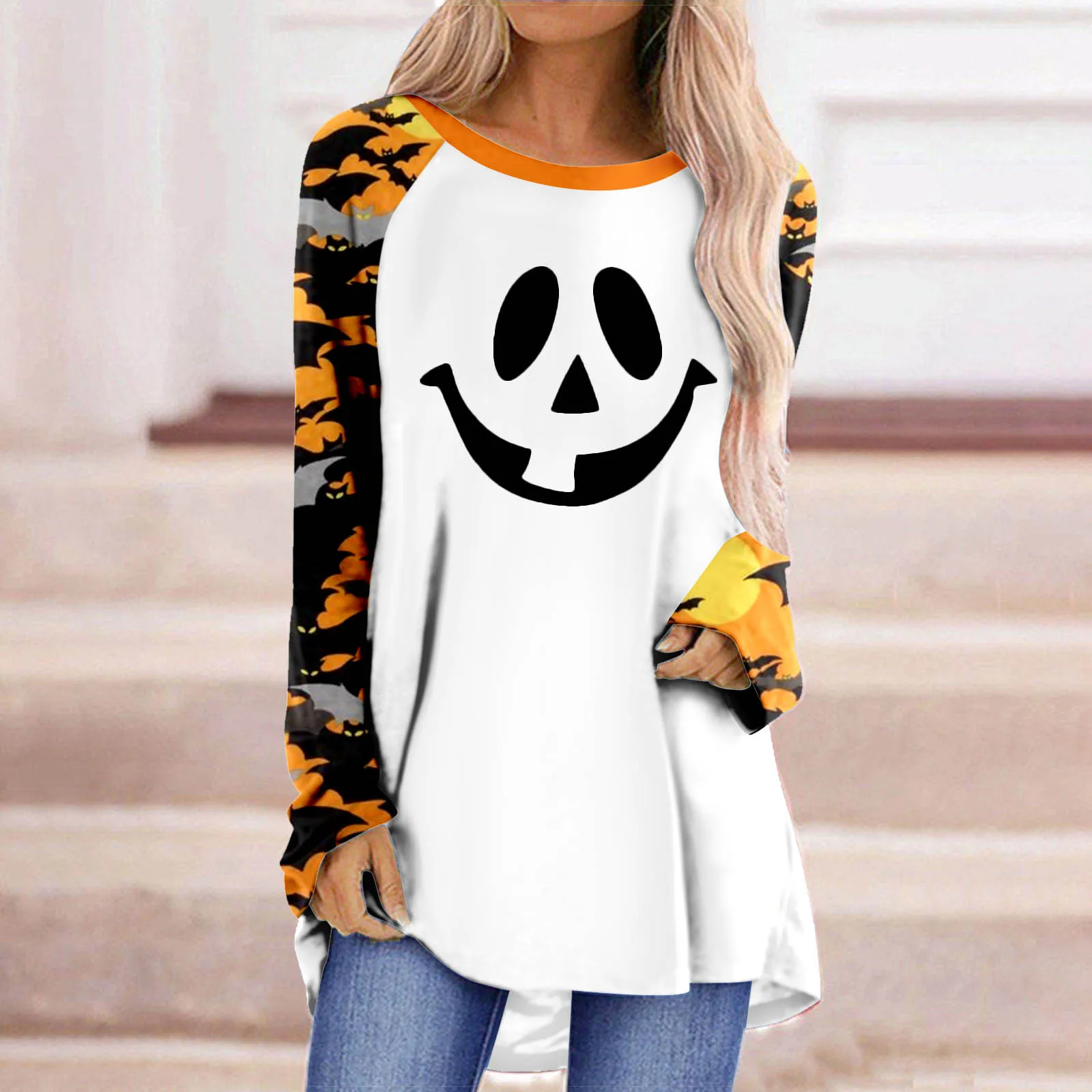 

Women Casual Round Neck Shirt Long Sleeve Halloween Print Blouse Long T Shirt Top Women Casual Short Sleeve