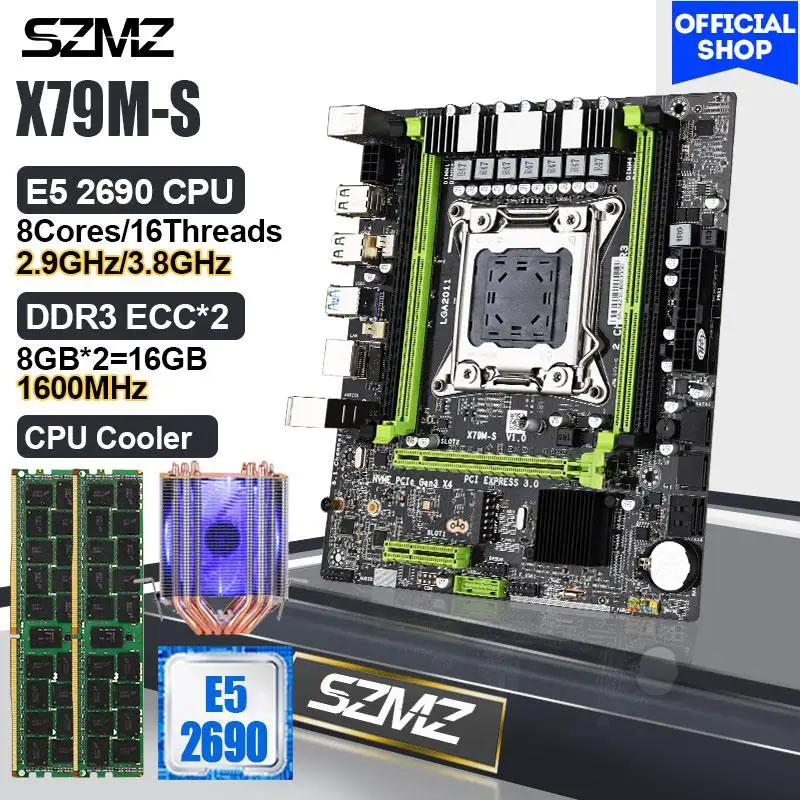 

LGA 2011 комплект игровой материнской платы Xeon X79 E5 2690 ЦПУ 8 ядер 16 потоков 2,9 ГГц + 16 ГБ DDR3 ОЗУ + кулер материнская плата 2011 x79
