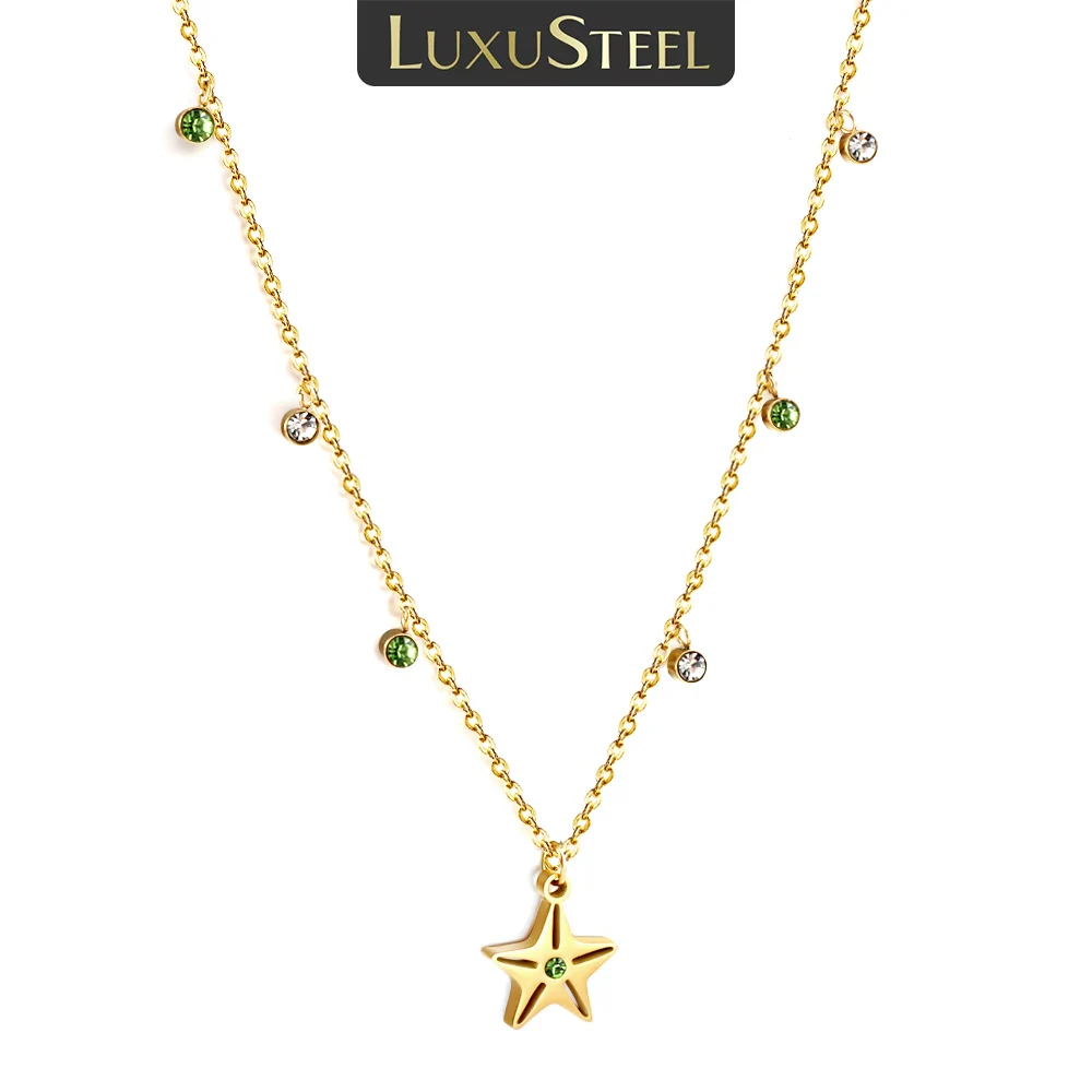

LUXUSTEEL Dainty Bling CZ Stone Stars Pendant Necklace For Women Girl Green White Crystal Stainless Steel Choker Christmas Gifts