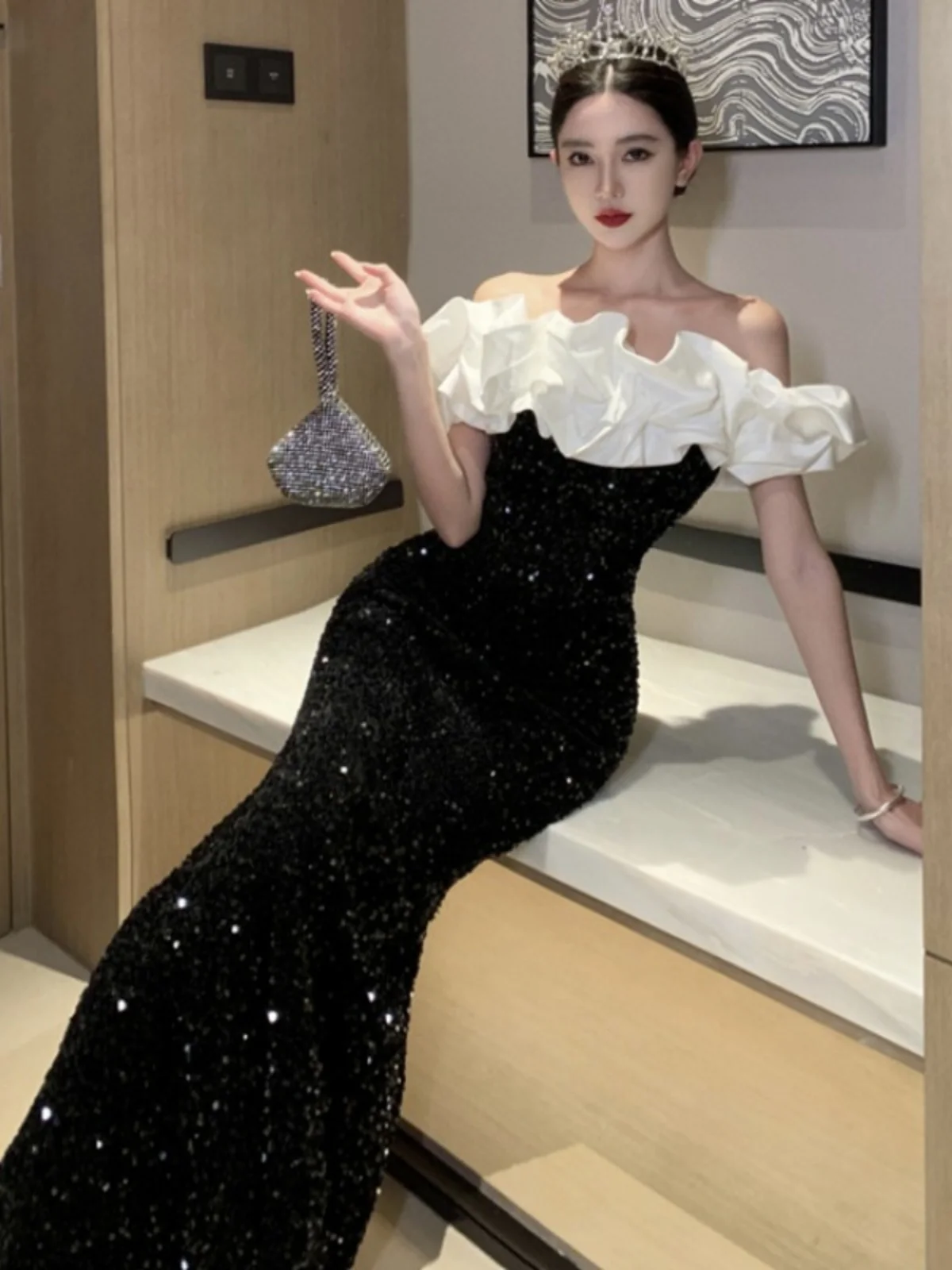 Lady Royal Sister Sle сексуальное длинное платье с открытыми плечами бархатное блестками