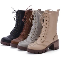 fashion new vintage cross tied mid calf boots for woman square heel pu leather waterproof snow boots women boots shoes