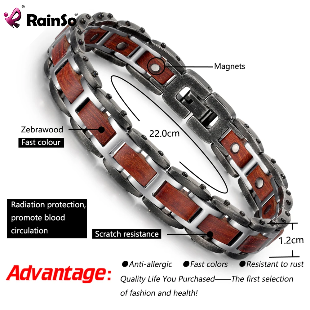 Rainso Stainless Steel Bangle Bracelet Homme For Wooden  Man Bracelet Healthy Care Magnetic Bracelet Viking Gifts  For Male