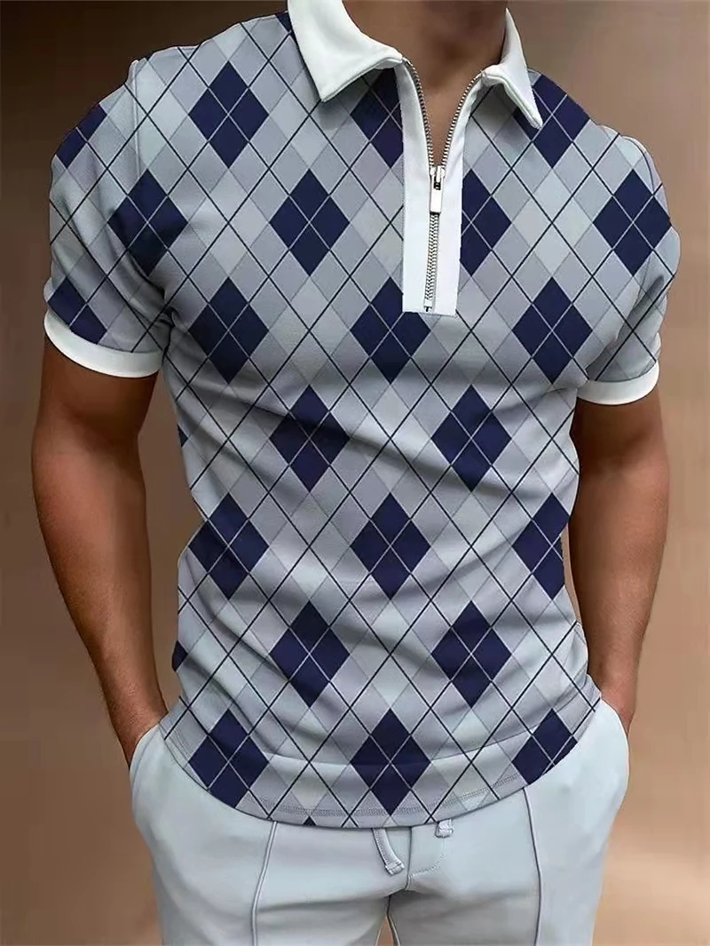 Men Slim Polo Shirt Summer Fashion Plaid Patchwork Short Sleeve Tops For Casual 2022 Men's Turn-down Collar Zip-up Polo Shirts
