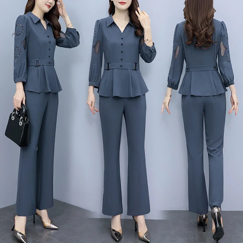 Женский брючный костюм с вышивкой элегантный офисный из двух предметов большого
