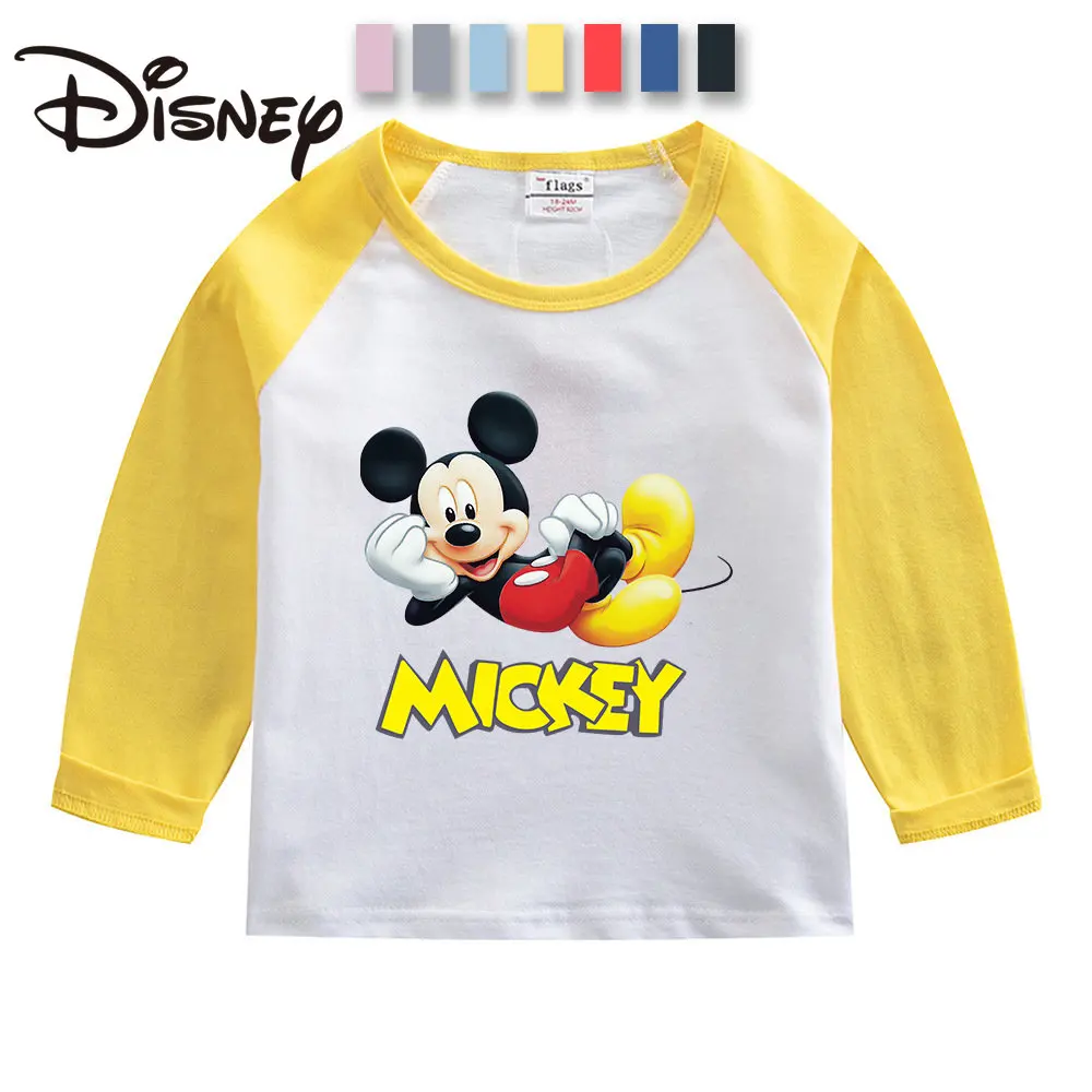 

Весенняя Детская футболка с длинным рукавом и принтом Микки Мауса, одежда для маленьких мальчиков, Детская футболка для девочек, Детский костюм, свитшот с круглым вырезом